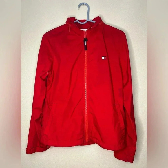 "Retro 90s Red Tommy Hilfiger Hooded Windbreaker Jacket" Vintage - Picture 1 of 5